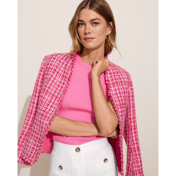 Ann Taylor NWOT The Cutaway Pink Red Fringe Tweed Open Front Jacket Size 12 - Picture 1 of 10